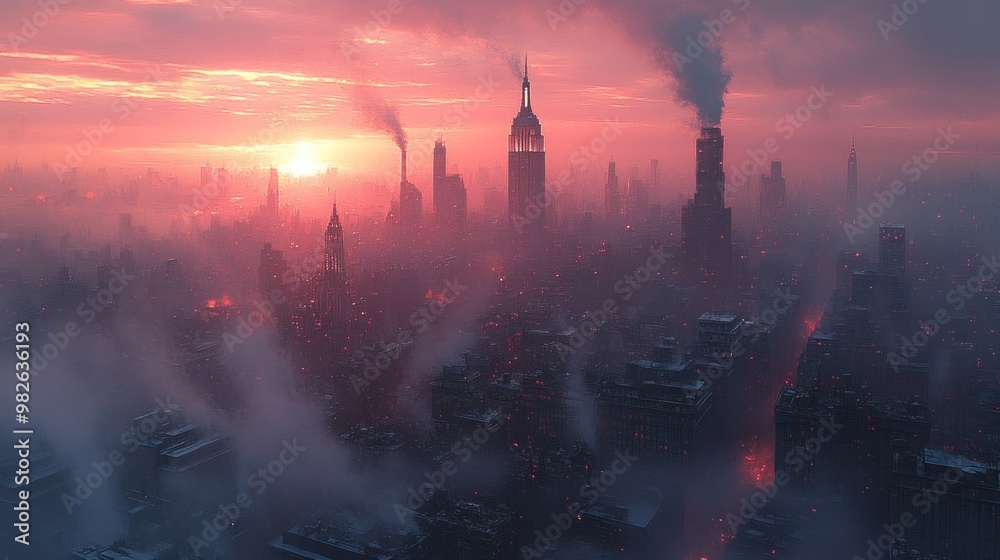 Canvas Prints Sunrise over a Foggy City