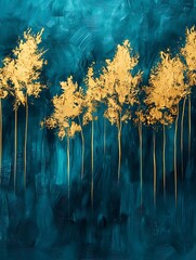 Golden Trees on Teal Abstract Background Art