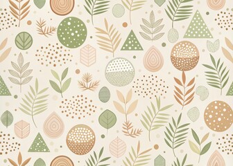 Delicate, hand-drawn geometric motifs in soft, muted shades of peach, sage, and mauve, scattered against a creamy white background, with subtle textures and gentle, organic shapes