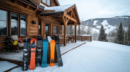 Naklejka premium Wooden cabin in a snowy mountain setting with six snowboards leaning against the porch railing, overlooking snow-covered trees and ski slopes.