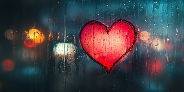 Red heart drawn on rainy window pane.