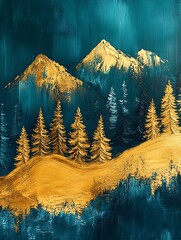 Golden Mountains and Pine Trees Art Piece