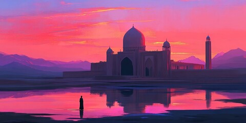 Obraz premium Silhouette of a mosque against a colorful sunset.