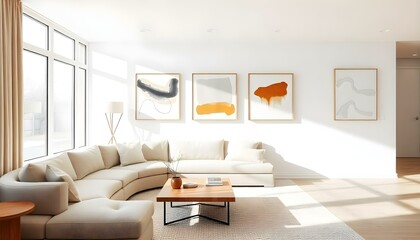 A minimalist living room with a curved beige sofa, a wooden coffee table, and abstract art pieces on the wall. The room has large windows that let in natural light, and there is a small potted plant o
