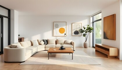 A minimalist living room with a curved beige sofa, a wooden coffee table, and abstract art pieces on the wall. The room has large windows that let in natural light, and there is a small potted plant o