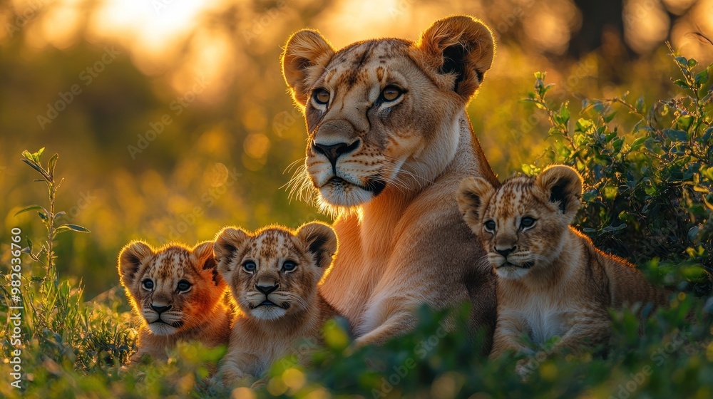 Canvas Prints Lioness with Cubs in Golden Light