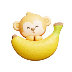 3D cute monkey with banana, cartoon animal character, 3D rendering.