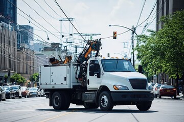 Utility truck with crane on city street, sunny day