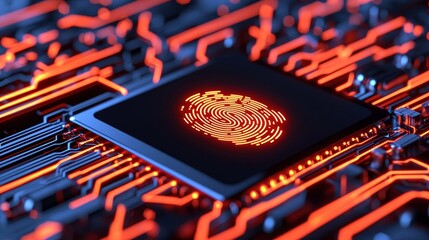 Futuristic microchip with intricate circuits and glowing fingerprint design, symbolizing technology and security innovations.