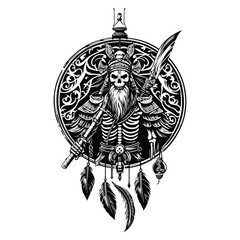 Fototapeta premium chinese warior skeleton with bohemian decoration in black and white illustrations, cutout graphic s