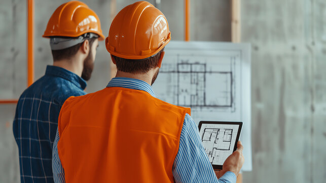 Engineers conducting an indepth analysis of a blueprint on a tablet, symbolizing modern planning methods