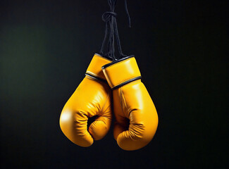 Pair of yellow boxing gloves hanging on a rope