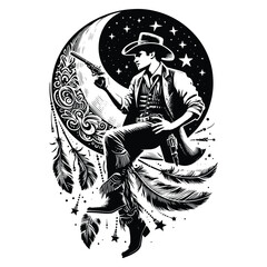 cowboy male with bohemian decoration in black and white illustrations, cutout graphic t