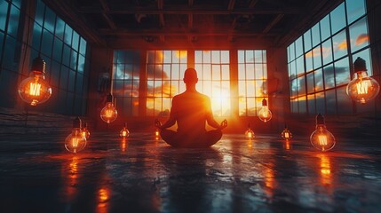Person meditating in a loft, surrounded by vintage light bulbs. The warm glow of the bulbs and the evening sky through large windows create peaceful, thoughtful space for meditation and introspection.