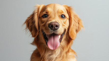 happy golden retriever puppy looking directly at the camera, tongue out, with bright eyes and a friendly expression. The puppy's coat is shiny and golden, and the background is neutral