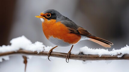 Fototapeta premium Close-up of a robin bird with a vibrant orange breast and grey plumage perched on a snow-covered branch during winter.