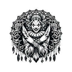 Fototapeta premium crazy clown female inside bohemian decoration in black and white illustrations, cutout graphic