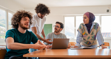 A group of diverse college students studying together or a business team working together on a project plan in the office workplace.