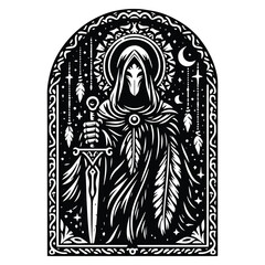 Fototapeta premium death knight with bohemian decoration in black and white illustrations, cutout graphic