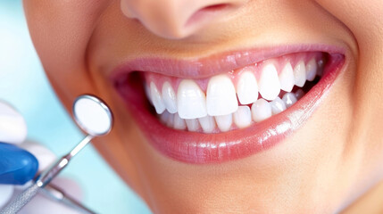 Fototapeta premium Dentist examining bright smile of patient in clinic during routine dental checkup in bright lighting