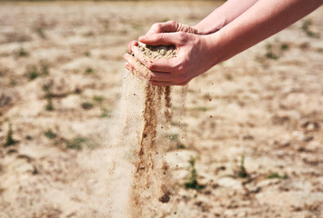Hands, soil and dust with drought, environment and outdoor with climate change for agriculture in countryside. Farmer, person and assessment with dry earth, dirt or sand with global warming in Spain