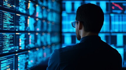 Fototapeta premium A focused individual gazes at a display of digital data, surrounded by bright screens showcasing complex information.