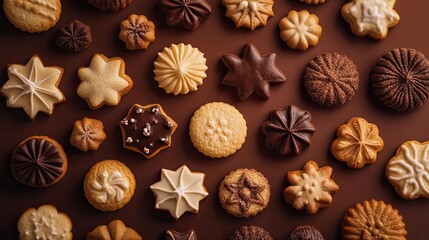 Fototapeta premium A delightful assortment of various cookies arranged aesthetically on a rich brown background, perfect for dessert lovers.