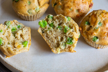 Healthy Delicious Muffin with Pea and Ham Close-Up
