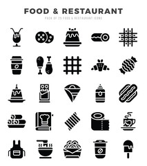 Food and Restaurant Icons Pack. Glyph icons set. Glyph icon collection set.