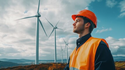 A man in safety gear stands amid wind turbines, embodying renewable energy and sustainable practices under a cloudy sky.