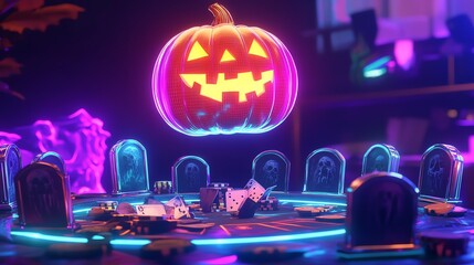 Glowing Jack-o'-Lantern hovering over Halloween-themed poker table with neon lights and spooky atmosphere.