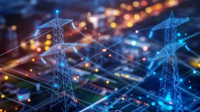 Digital representation of power lines amidst a cityscape, highlighting energy transmission with glowing connections.