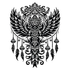 Obraz premium Garuda with bohemian decoration in black and white illustrations, cutout graphic
