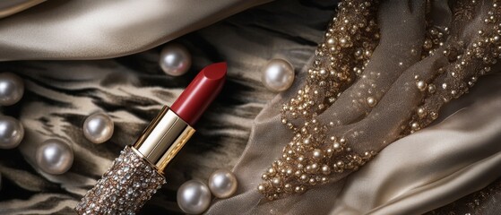 Elegant lipstick featured in a high-fashion context, placed on a stylish surface with opulent accessories, capturing a sense of refined glamour and sophistication