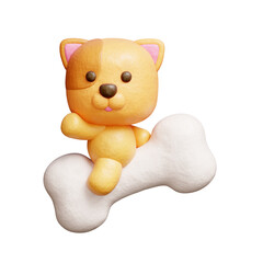 3D cute dog with bone, cartoon animal character, 3D rendering.