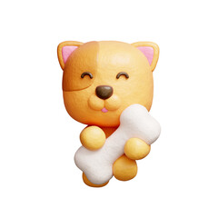 3D cute dog with bone, cartoon animal character, 3D rendering.