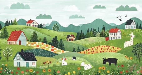 Charming farm landscape with whimsical animals and houses