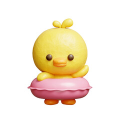 3D cute duck with rubber swimming rings, cartoon animal character, 3D rendering.