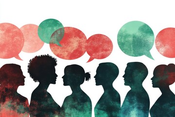Illustration of diverse people communicating with speech bubbles in a group discussion