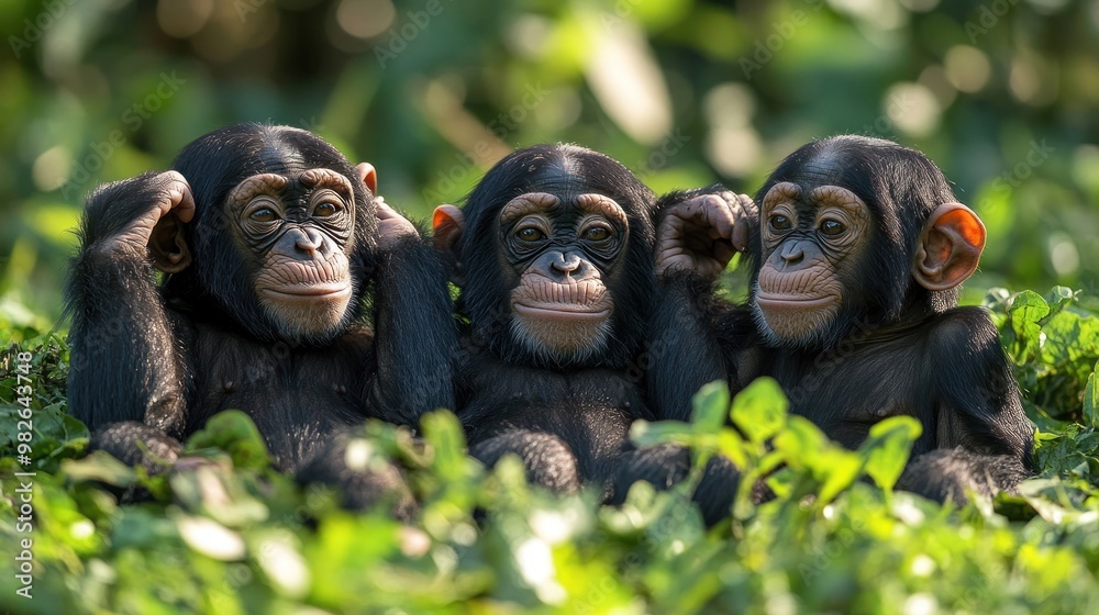 Canvas Prints Three Chimpanzees Covering Their Ears in a Lush Forest