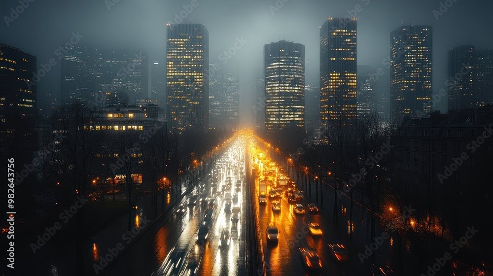 Canvas Prints Nighttime Cityscape in the Rain