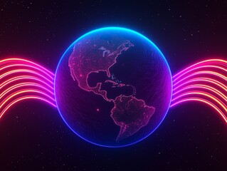 Earth emitting neon waves of cosmic sound, glowing through the dark universe.