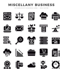 Miscellany Business Glyph icons collection. 25 icon set in a Glyph design.