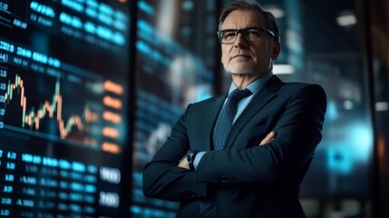 A confident businessman stands in front of financial charts, embodying professionalism and expertise in the trading environment.