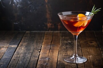 Manhattan cocktail on a dark rustic background with copy space.