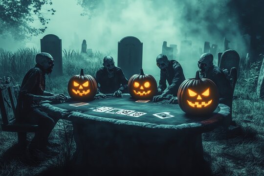 Creepy Halloween scene with glowing jack-o'-lanterns and masked figures around a table in a foggy graveyard.