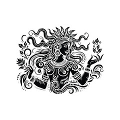 Gorgon creature with bohemian decoration decoration in black and white illustrations, cutout graphic