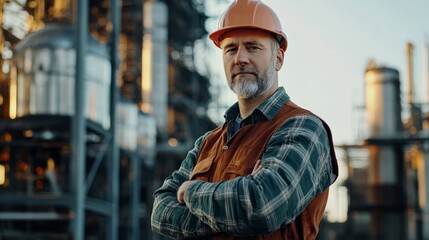 A confident worker stands with crossed arms in an industrial setting, wearing a hard hat and work attire, surrounded by machinery.