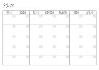 Blank Monthly Calendar Template. Vector calendar. Week starts sunday. Calendar template in minimal design