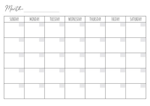 Blank Monthly Calendar Template. Vector calendar. Week starts sunday. Calendar template in minimal design